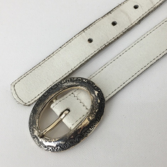 Vintage White Leather Skinny Belt Women\'s Size M Oval Distressed Silver Buckle main image 7